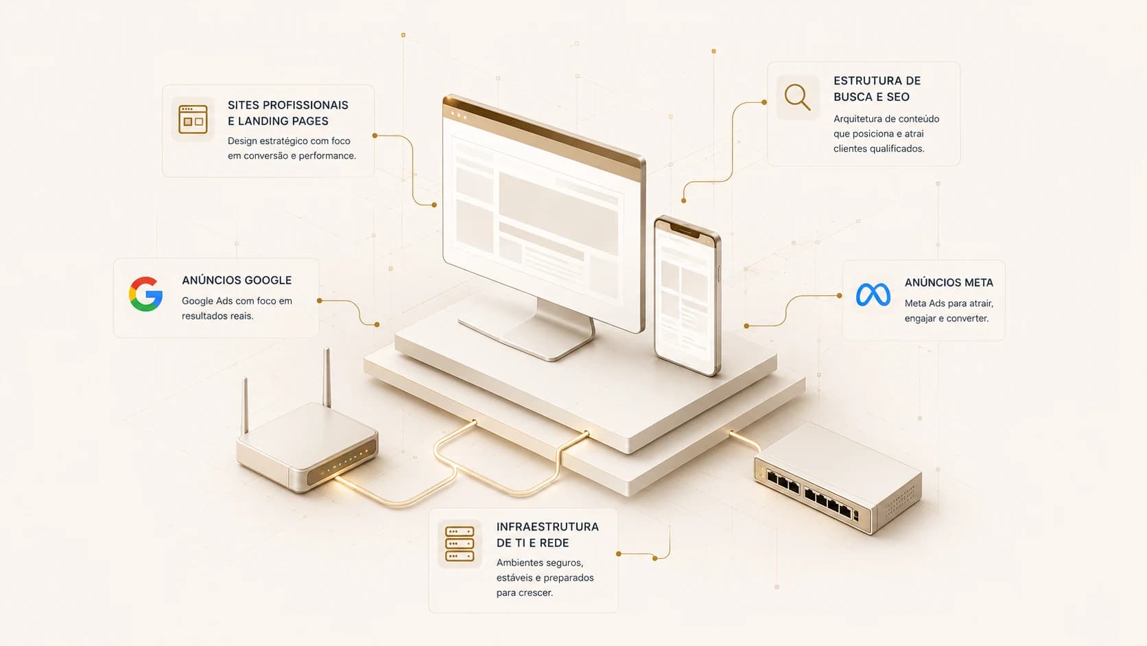 Ilustração minimalista dos serviços da Binah IT Solutions: sites, anúncios, SEO e infraestrutura de TI.