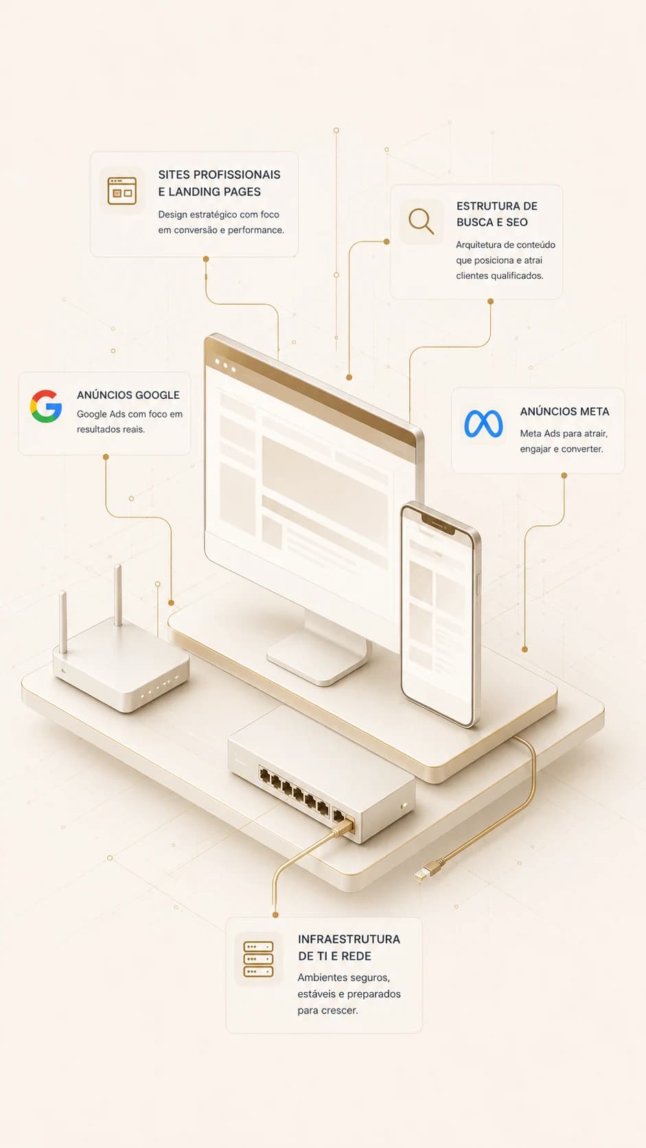 Ilustração minimalista dos serviços da Binah IT Solutions para mobile.