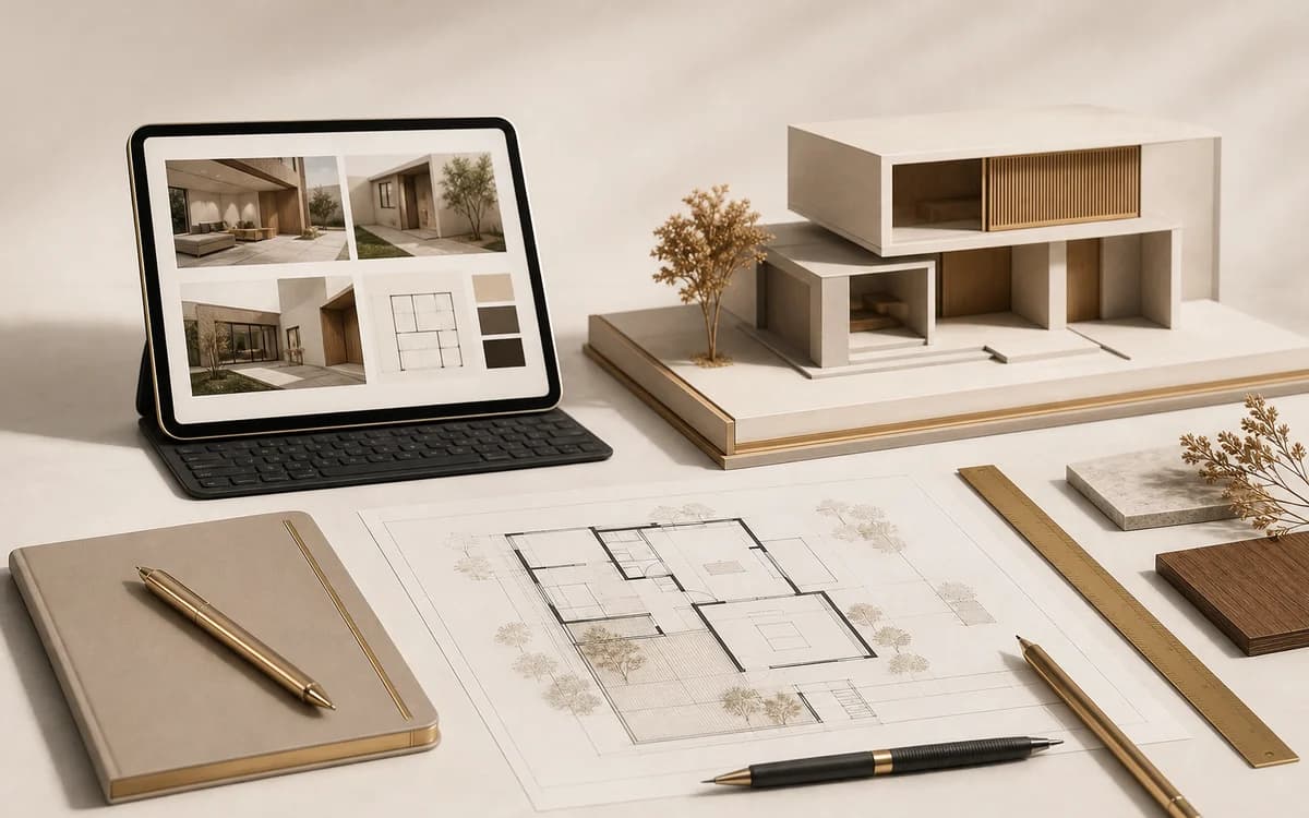Imagem minimalista representando arquitetura, portfólio e apresentação profissional de projetos.