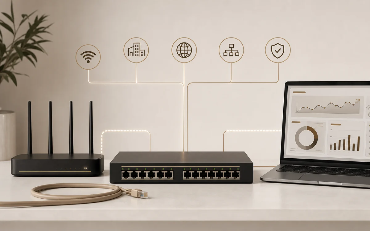 Imagem minimalista representando infraestrutura de rede corporativa, Wi-Fi e conectividade empresarial.