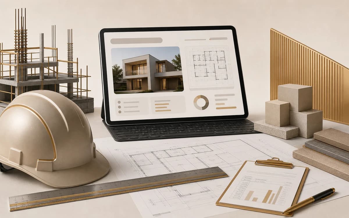 Imagem minimalista representando engenharia, obras e apresentação profissional de serviços técnicos.
