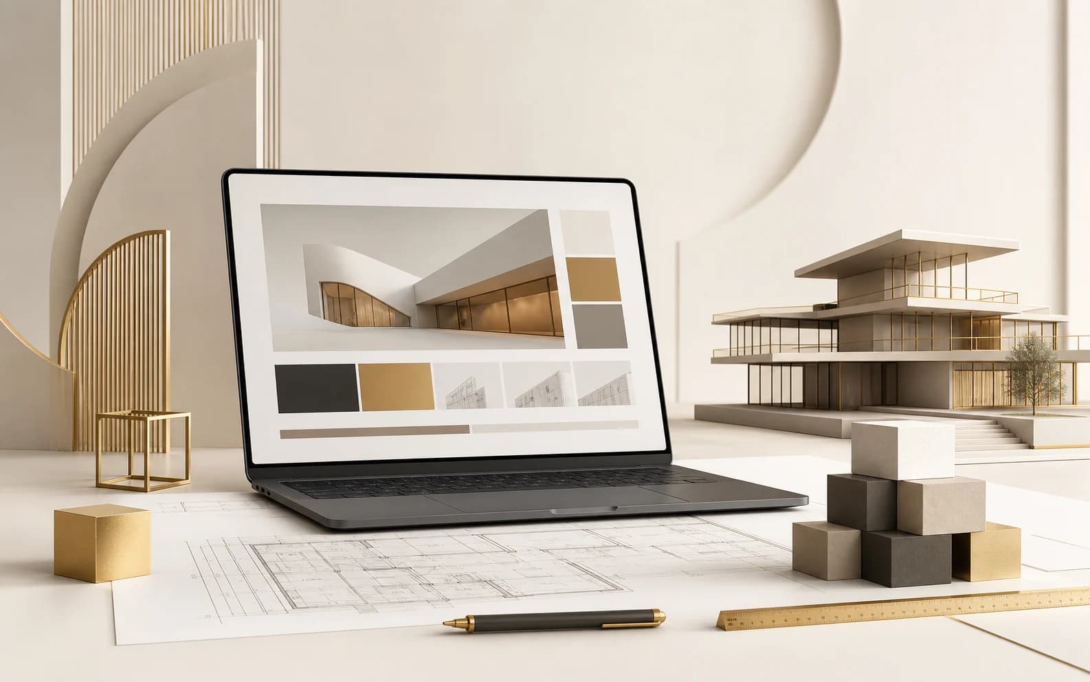 Imagem 3D minimalista representando site profissional para engenharia, arquitetura e construtoras.