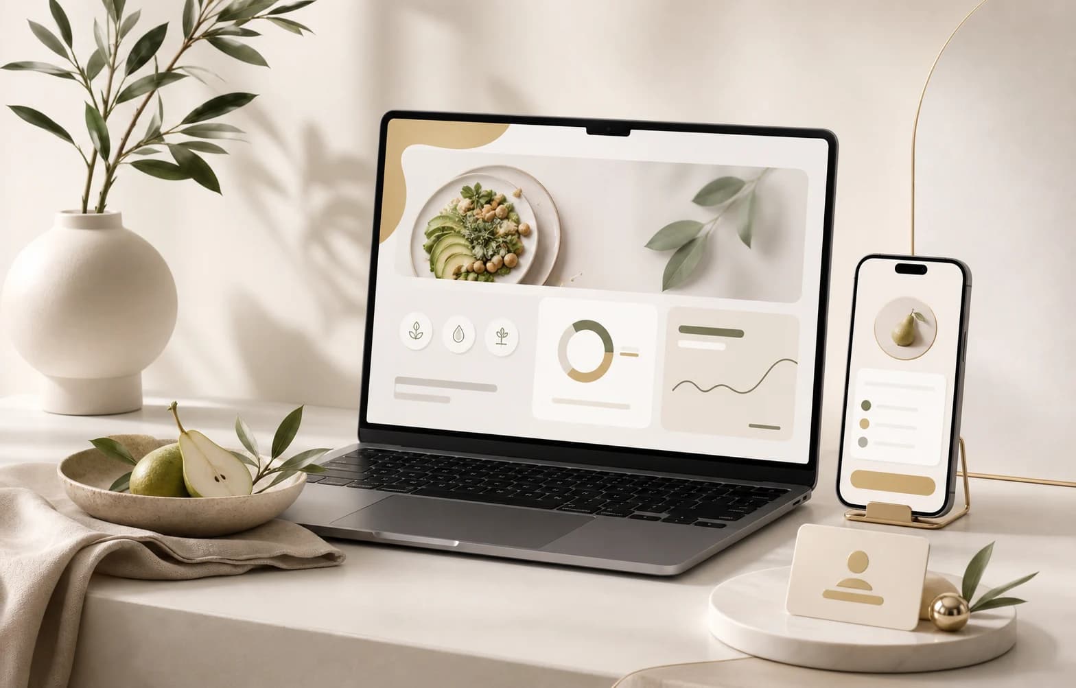Imagem 3D minimalista representando site profissional para nutricionistas com agenda e apresentação de serviços.