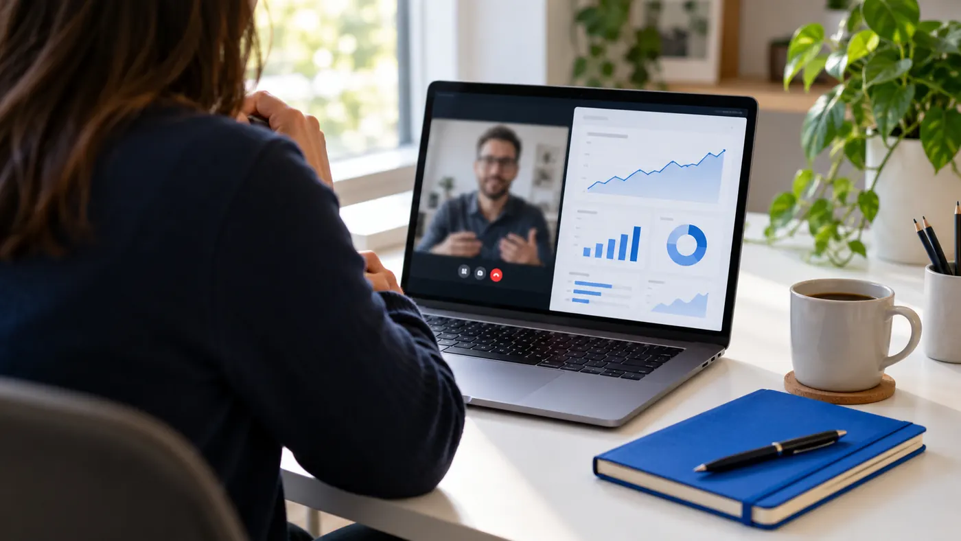 Videochamada de diagnóstico com um painel de resultados no ecrã