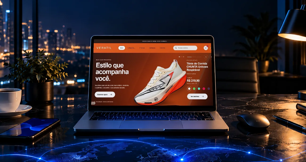 Portátil numa secretária à noite com a página inicial da loja Veratil aberta no ecrã